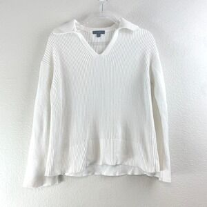 J.Crew Womens White Relaxed Collared Sweater Cuff Slits Preppy Coastal Small